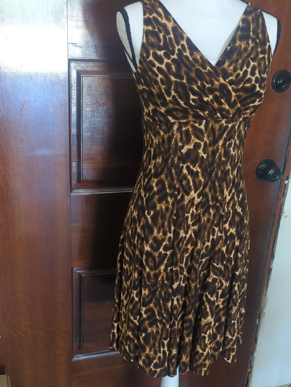 Ralp Lauren Sleeveless V-Neck Leopard Print Midi Dress in Brown